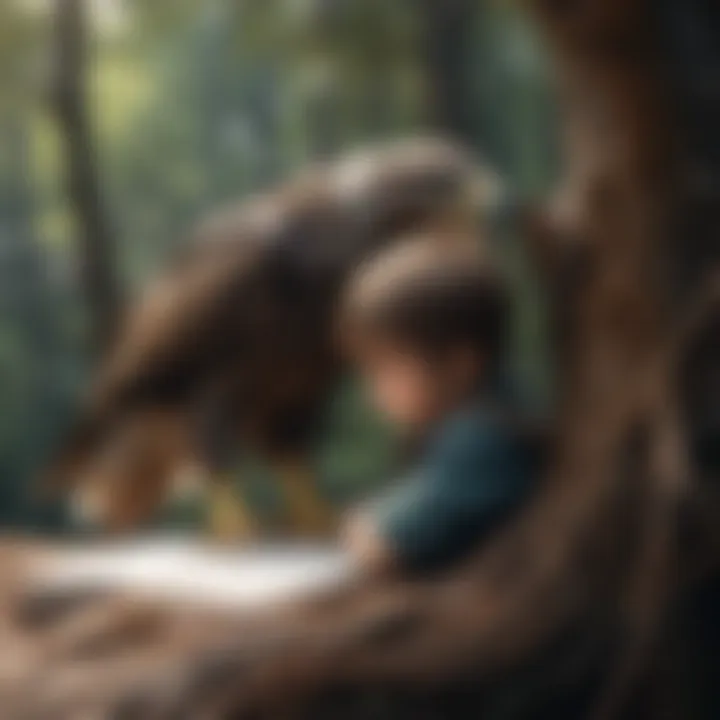 Illustration of a child sketching a majestic eagle perched on a tree branch