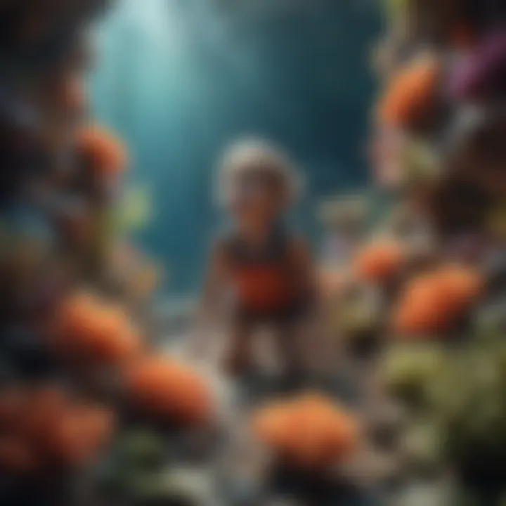 Illustration of a child excitedly exploring a colorful coral reef underwater
