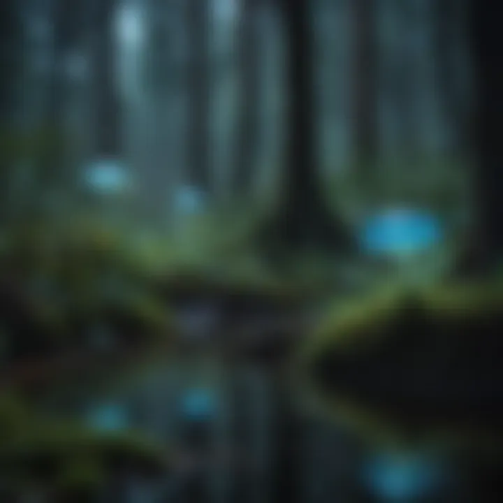 Ethereal Glow of Bioluminescent Organisms in Dark Forest