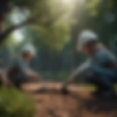 Illustration of children planting trees in a futuristic landscape