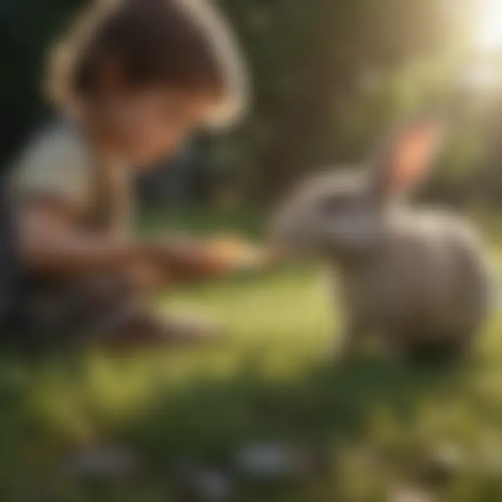 Kid feeding a rabbit in a grassy field