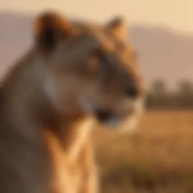 A majestic lioness gazing across the savannah at sunset