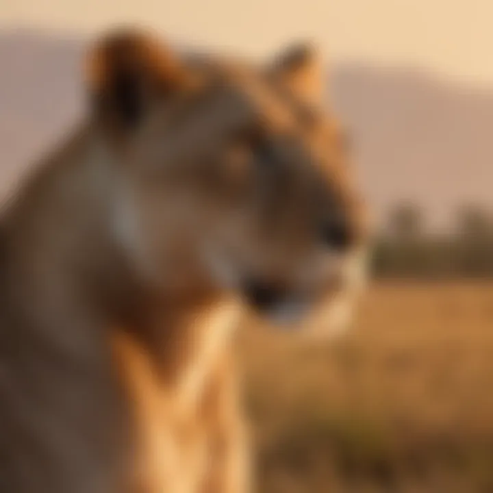 A majestic lioness gazing across the savannah at sunset