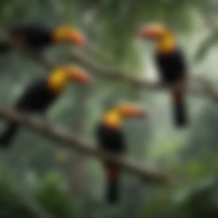 A group of colorful toucans perched on a tree branch