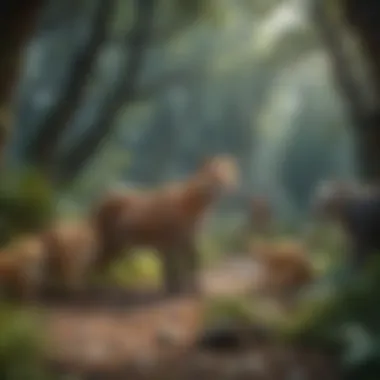 Virtual Ecosystem Exploration Illustration of diverse group of animals in a virtual ecosystem