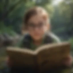Illustration of a 3rd grader diving into a virtual world of nature books