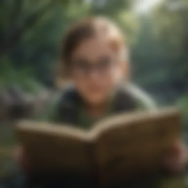 Immersing in the Virtual World of Nature Books Illustration of a 3rd grader diving into a virtual world of nature books