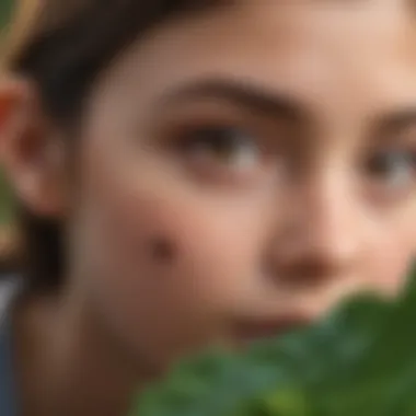 Young girl studying a ladybug on a leaf