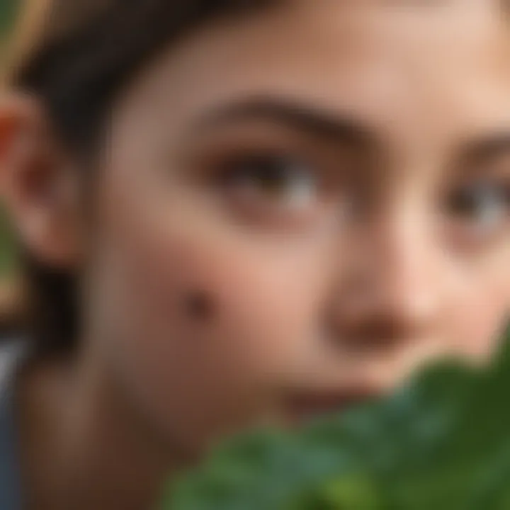 Young girl studying a ladybug on a leaf