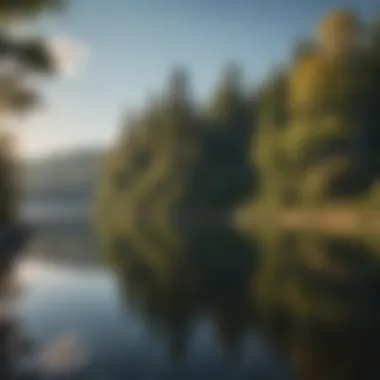 A serene lake surrounded by lush forests and mountains, reflecting the blue sky