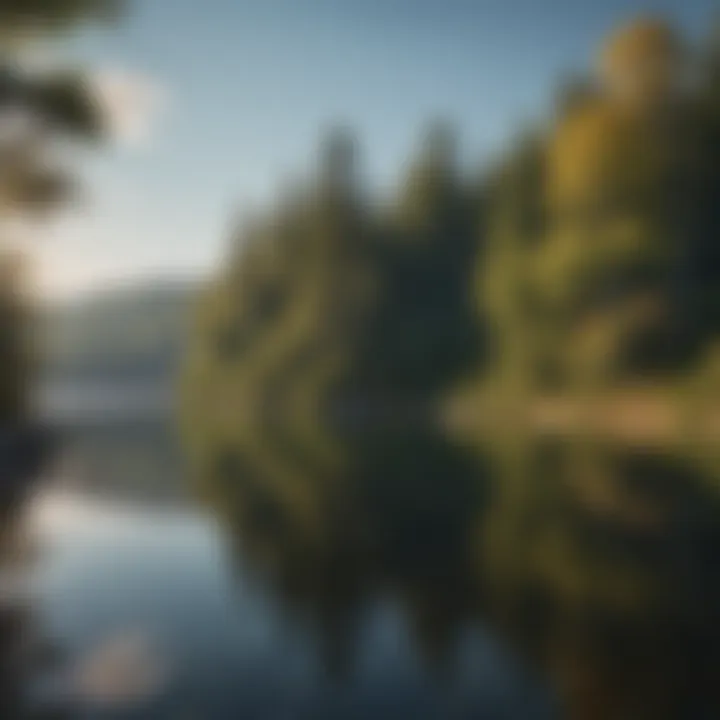 A serene lake surrounded by lush forests and mountains, reflecting the blue sky