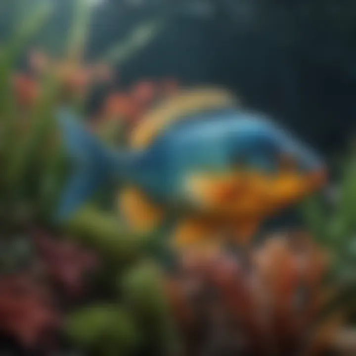 An array of colorful fish swimming among underwater plants