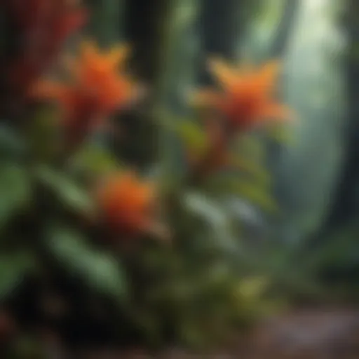 A diverse array of rainforest plants showcasing vibrant colors and unique shapes.