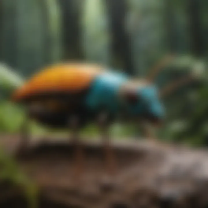 A colorful array of insects and creatures that thrive in the rainforest ecosystem.