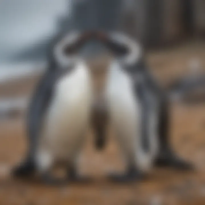 A pair of penguins engaging in a courtship ritual dance