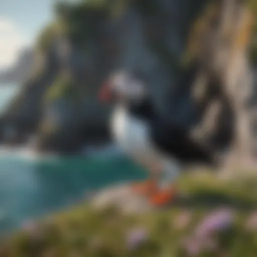 A colorful puffin perched on a cliff with a vivid ocean backdrop.