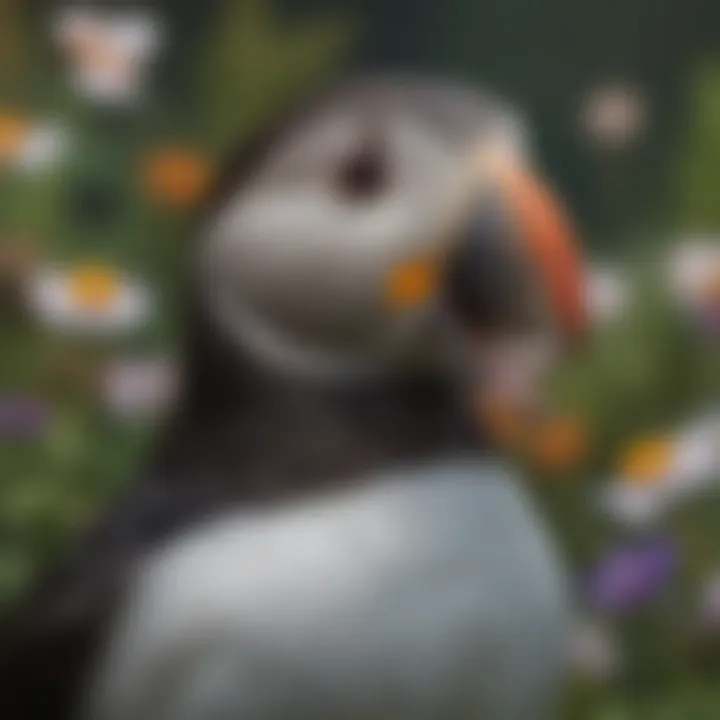 A close-up of a puffin with its iconic beak, surrounded by vibrant flowers.