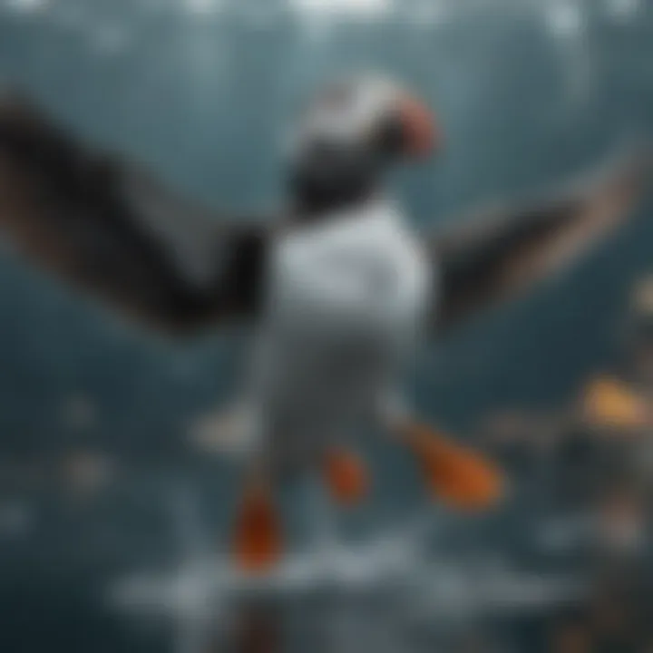 A puffin diving into the water, showcasing its hunting skills.