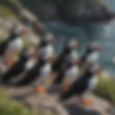A group of puffins gathered on a rocky shore, illustrating their social behavior.