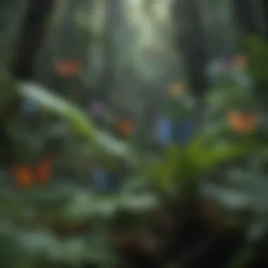 An array of colorful butterflies fluttering among the vibrant plants of the rainforest.