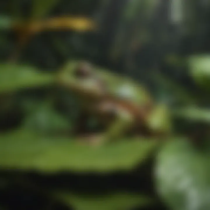A strikingly patterned tropical frog blending into its environment among the leaves and foliage.