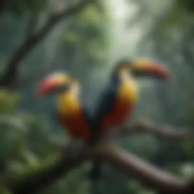 Colorful toucans perched on a branch in the rainforest