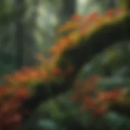 A lush canopy of diverse rainforest flora showcasing vibrant colors and intricate leaf structures.