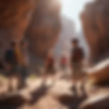 A group of kids exploring geological formations outdoors.