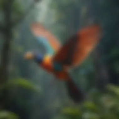 Colorful exotic birds soaring through the rainforest