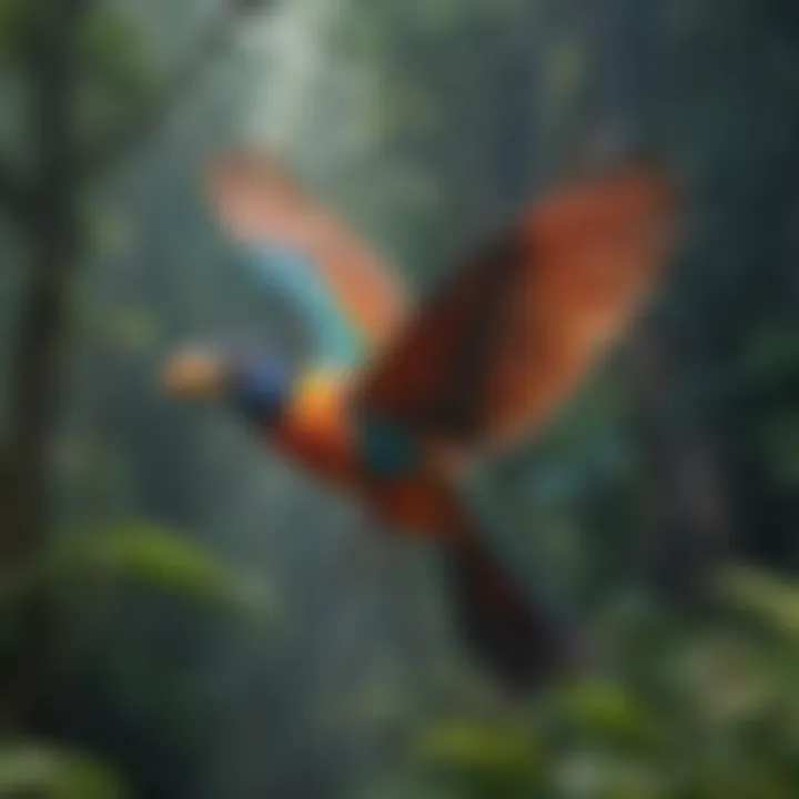 Colorful exotic birds soaring through the rainforest