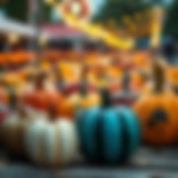 A display of colorful painted pumpkins at a festival