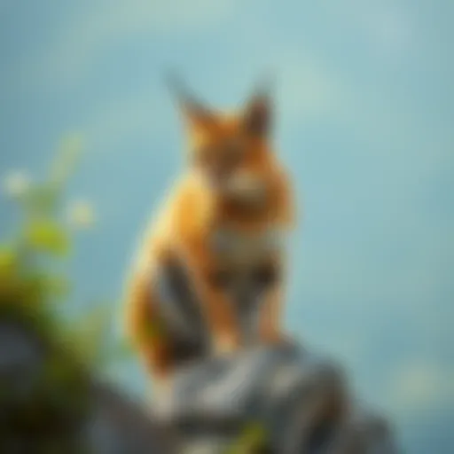 A caracal perched on a rocky outcrop, showcasing its distinctive ear tufts and sleek body.