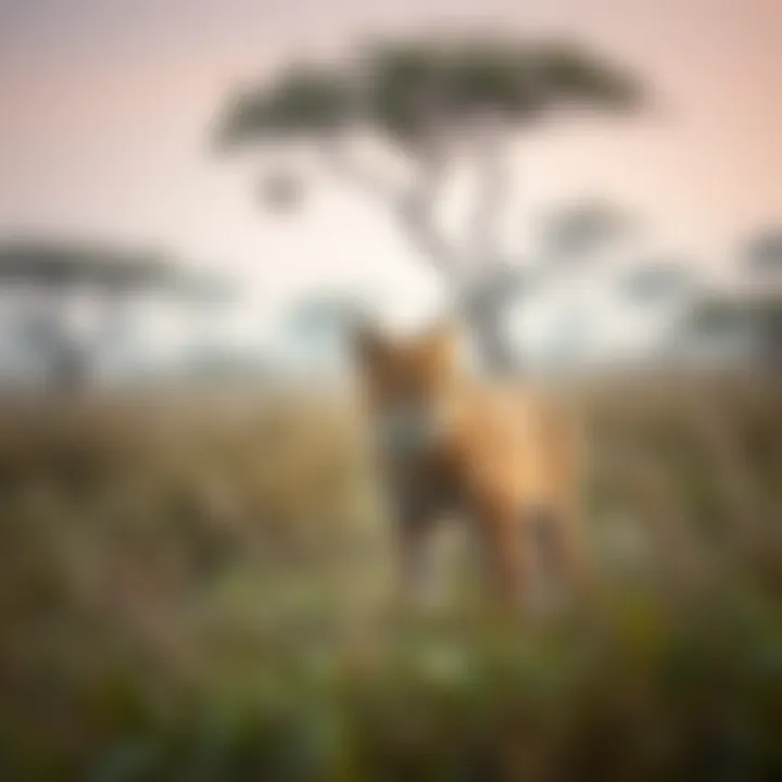 A serene landscape depicting the caracal's natural habitat, filled with tall grasses and sparse trees.