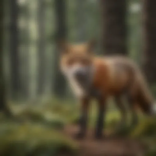 Red fox hunting in a forest