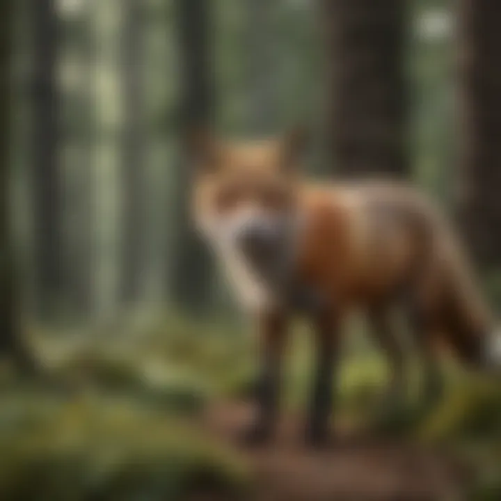 Red fox hunting in a forest