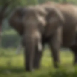 A majestic elephant grazing in a lush green landscape