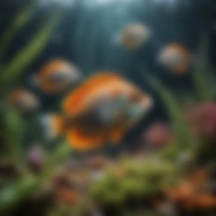 A colorful school of tropical fish darting among sea plants
