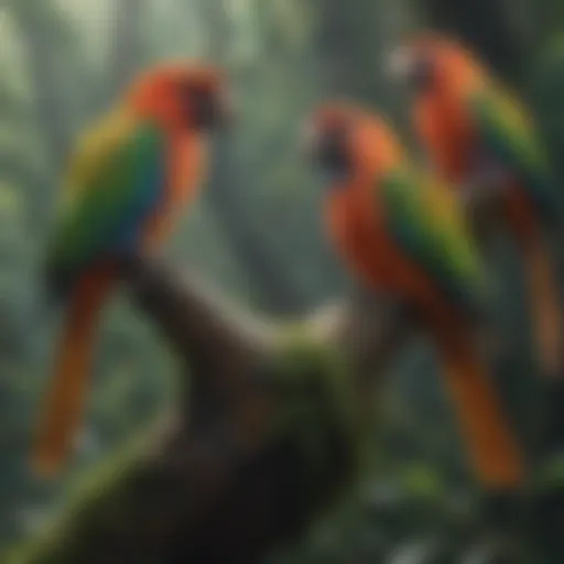 Colorful rainforest birds perched on a branch