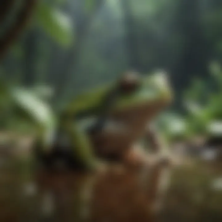 A variety of exotic frogs in a rainforest setting