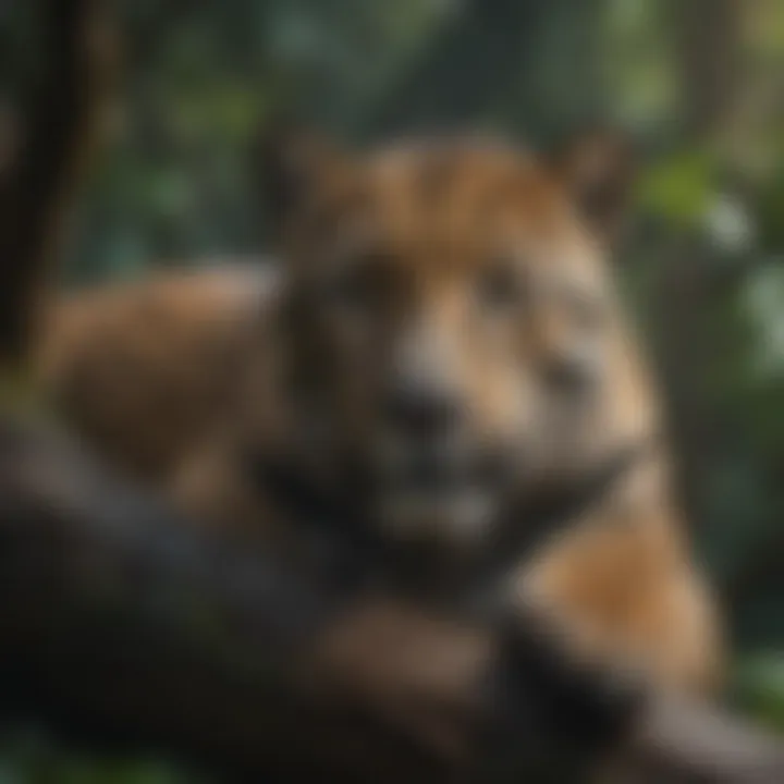 A jaguar resting on a tree branch in the rainforest