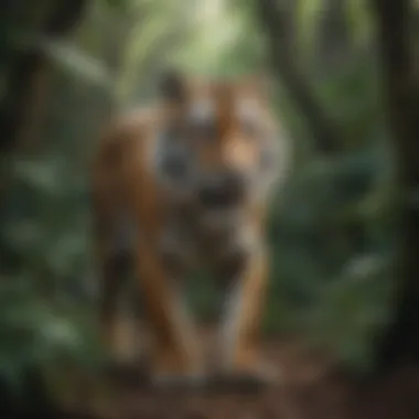 A majestic tiger prowling through dense jungle foliage