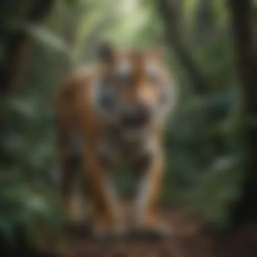 A majestic tiger prowling through dense jungle foliage