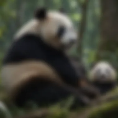 A mother panda with her cubs in a lush forest