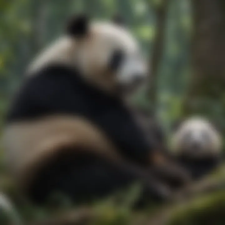 A mother panda with her cubs in a lush forest