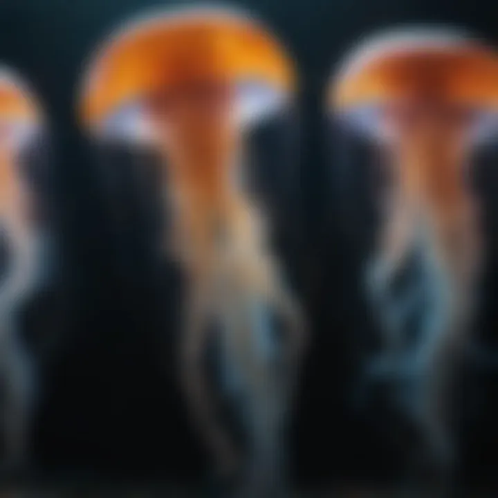 Jellyfish illuminated in a dark ocean setting, revealing bioluminescence