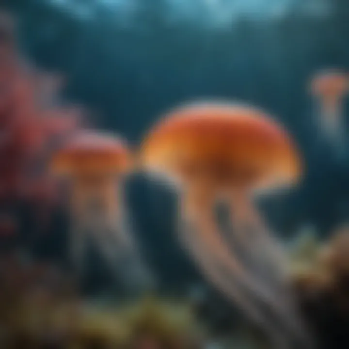A colorful underwater scene showcasing jellyfish among various marine life