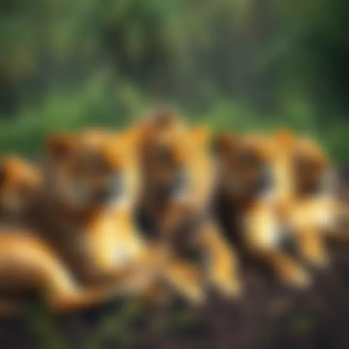 A group of lions lounging together, highlighting social behavior.