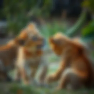 A lion cub playing with its siblings, displaying their playful nature.