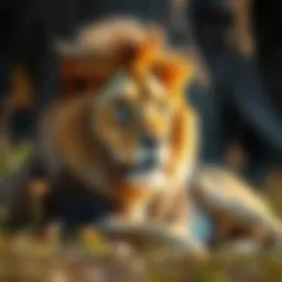 A majestic lion resting in the sun, showcasing its powerful mane.