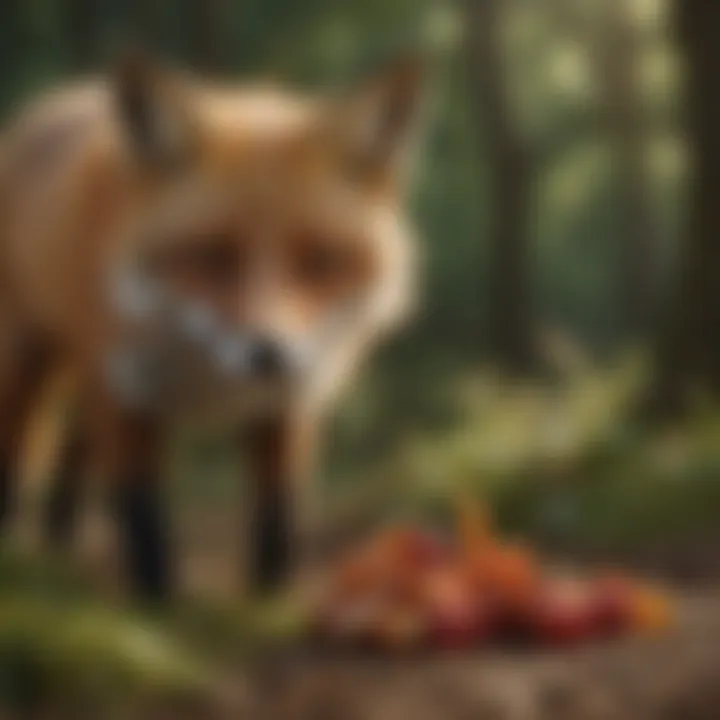 A red fox foraging for food, highlighting its diverse diet.